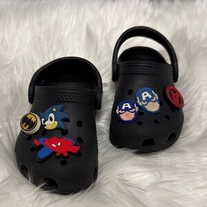 Kids Black Crocs with Superhero Charms 7c